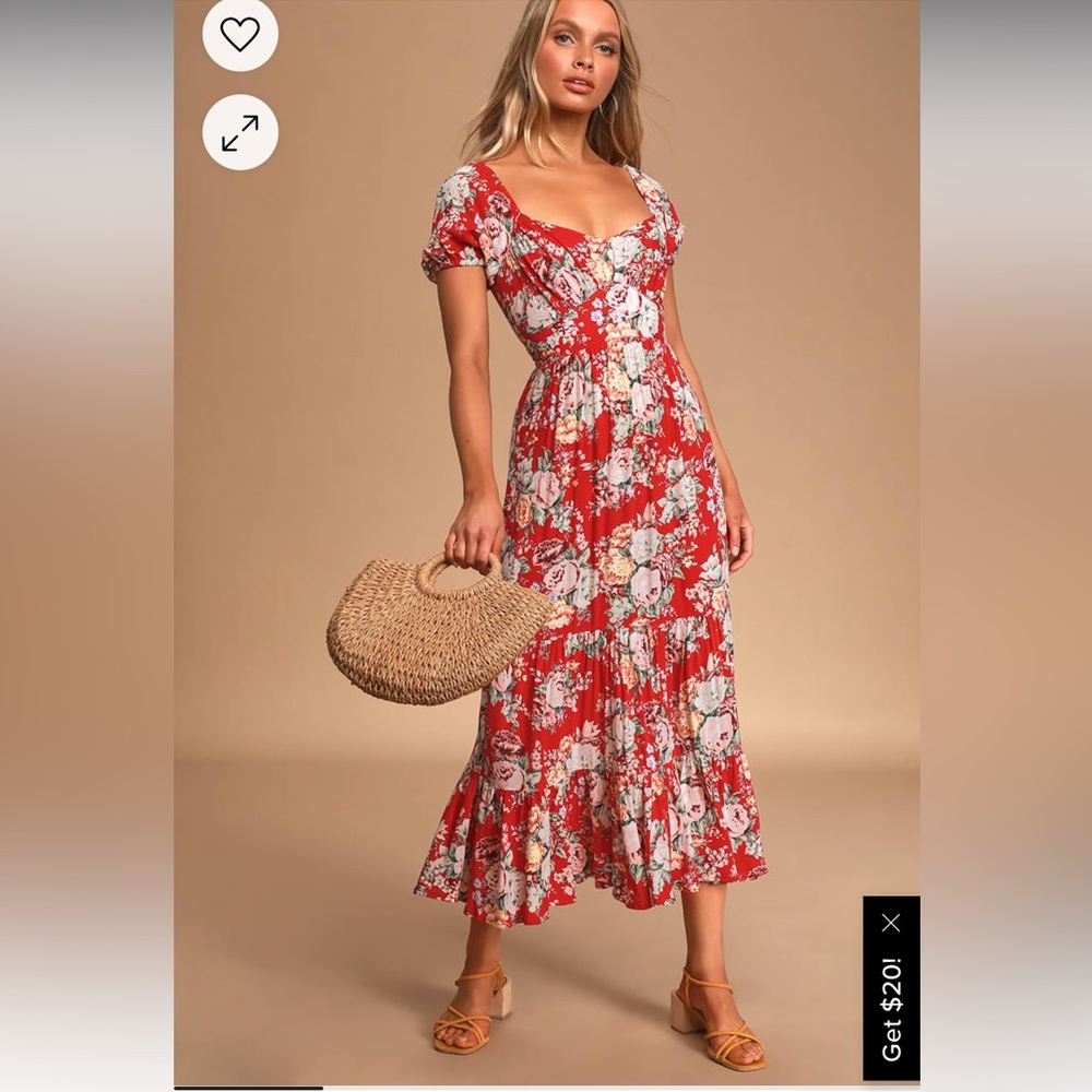 Reverie Red Floral Print Tiered Puff Sleeve Midi Dress size 4 but fits 0/XS 🌺
